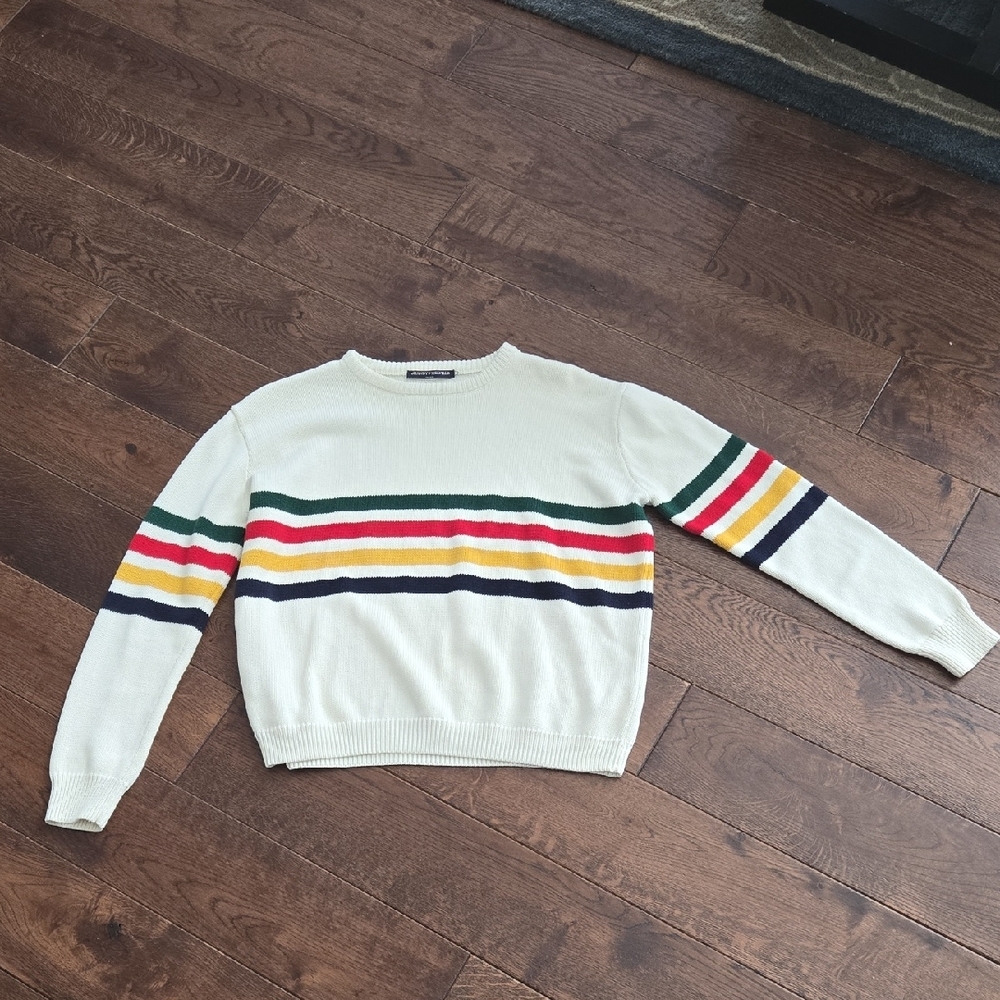 Brandy Melville Cream Sweater with Green, Red, Yellow & Navy Stripes